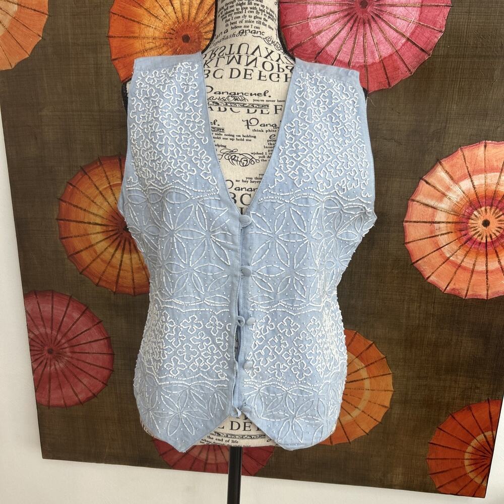 Light Blue Embroidered Sleeveless Jacket - Women Jackets & Coats